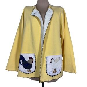 Handcrafted Yellow Farmhouse Chicken Applique Open Front Sweatshirt Jacket‎ XL